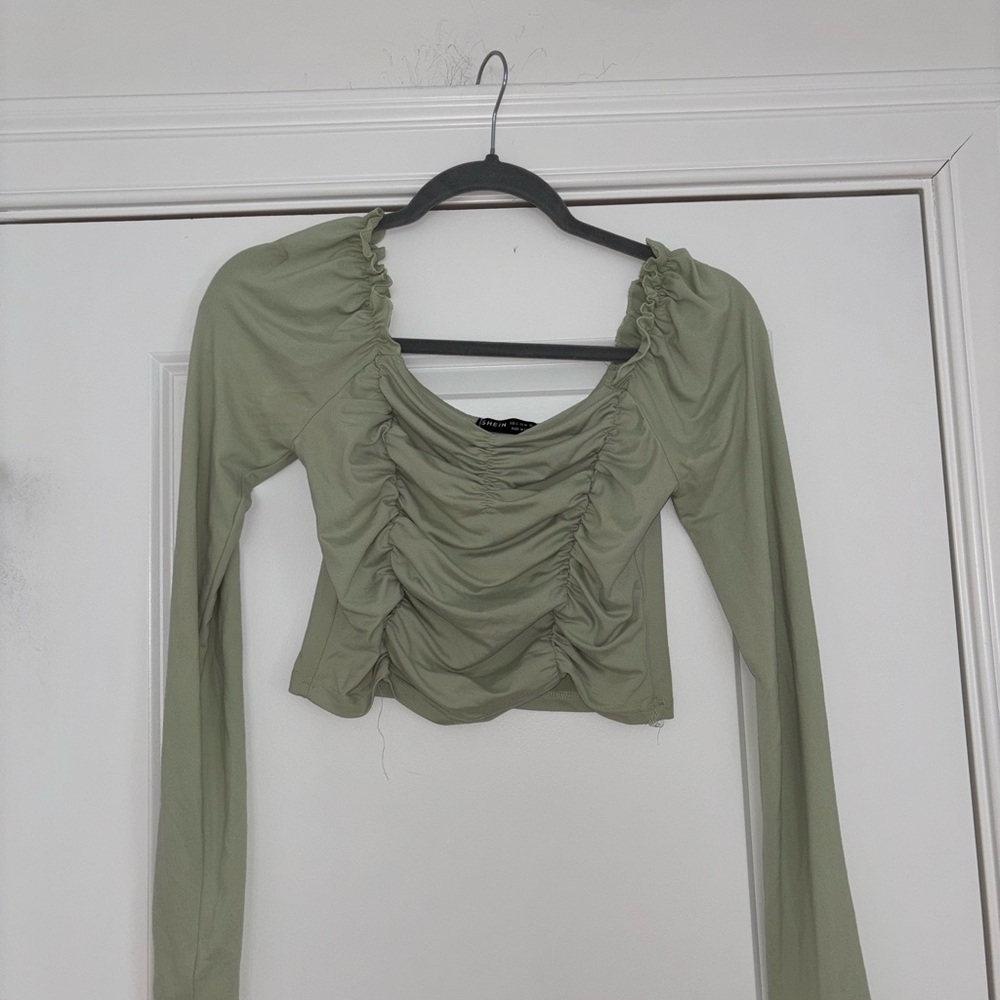 Ruched Scoop Neck Off the Shoulder Long-Sleeve Crop Top — Sage Green - Picture 7 of 8